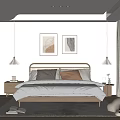 Modern Minimalist Bedroom Interior With Wooden Headboard White Linen Throw Pillows And Wall Art