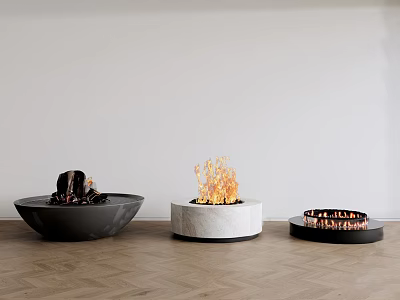 Three Modern Fireplace Designs With Black White Shapes Flames And Wooden Floor 3d model