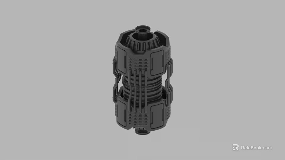 Black Cylindrical Mechanical Part with Intricate Structural Details and Industrial Design Elements 3d model 