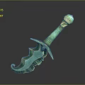 Green Serrated Sword With Golden Hilt And Metallic Reflective Surface Design