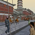 Traditional Chinese Commercial Street With Archway Pagoda Traditional Buildings And Pedestrians