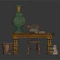 Rustic Wooden Furniture Set With Table Chair Green Vase Stacked Books And Small Basket