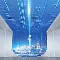 Tech Inspired Exhibition Hall With Large Digital Screen And City Projection 3d model