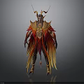 Red And Yellow Fantasy Phoenix Creature With Ornate Horns And Feathered Wings