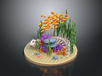 3D Undersea Diorama With Orange Fish Small Creatures Green Seaweed Purple Coral And White Skeleton 3d model
