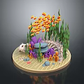 3D Undersea Diorama With Orange Fish Small Creatures Green Seaweed Purple Coral And White Skeleton