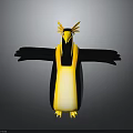3D Penguin Character With Yellow Crest Black And Yellow Body Open Wings Design