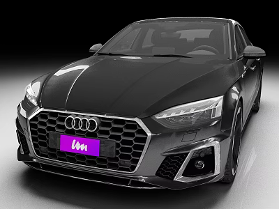 Black Audi Car Front View With Signature Grille Purple License Plate And Headlights 3d model