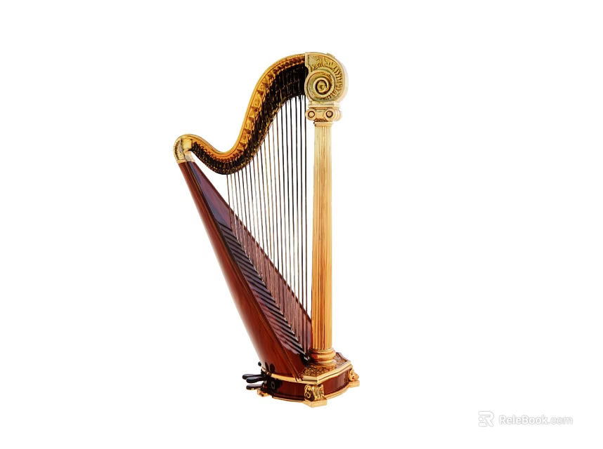 Beautiful Detailed Vintage Wooden Harp Featuring Ornate Golden Decorations And Strings 3d model 