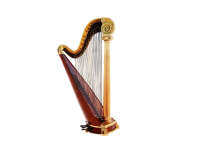 Beautiful Detailed Vintage Wooden Harp Featuring Ornate Golden Decorations And Strings 3d model