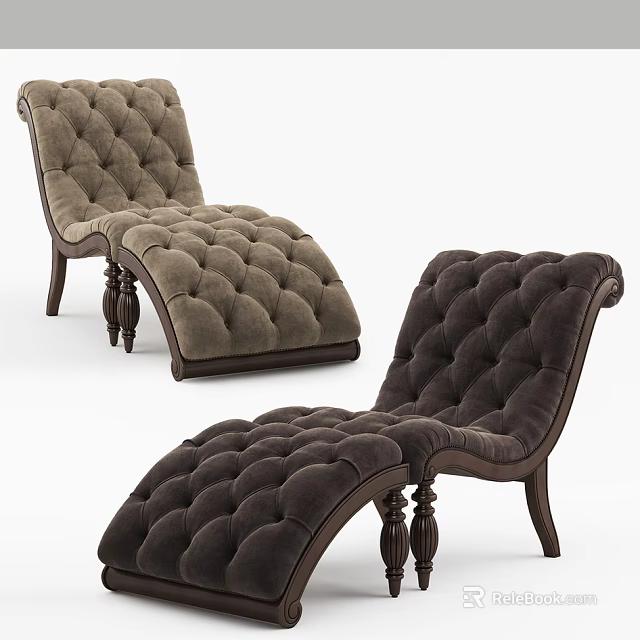 Elegant Tufted Chaise Lounge With Brown Velvet Upholstery And Wooden Legs 3d model 