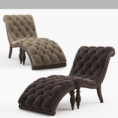 Elegant Tufted Chaise Lounge With Brown Velvet Upholstery And Wooden Legs 3d model