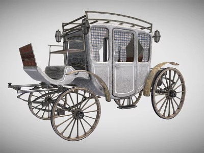 Vintage Horse Carriage With Gray Body Checkered Windows And Metal Roof 3d model