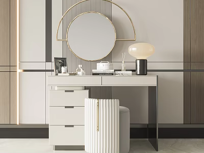 Elegant Modern Dressing Table With Gold Frame Round Mirror White Drawers And Stool 3d model