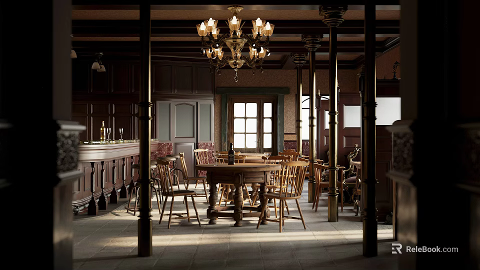 Classic Restaurant Interior With Wooden Furniture Chandelier Dining Tables Chairs Bar Counter And Windows 3d model 