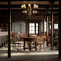 Classic Restaurant Interior With Wooden Furniture Chandelier Dining Tables Chairs Bar Counter And Windows