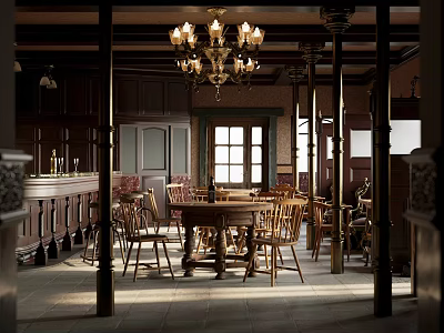 Classic Restaurant Interior With Wooden Furniture Chandelier Dining Tables Chairs Bar Counter And Windows 3d model
