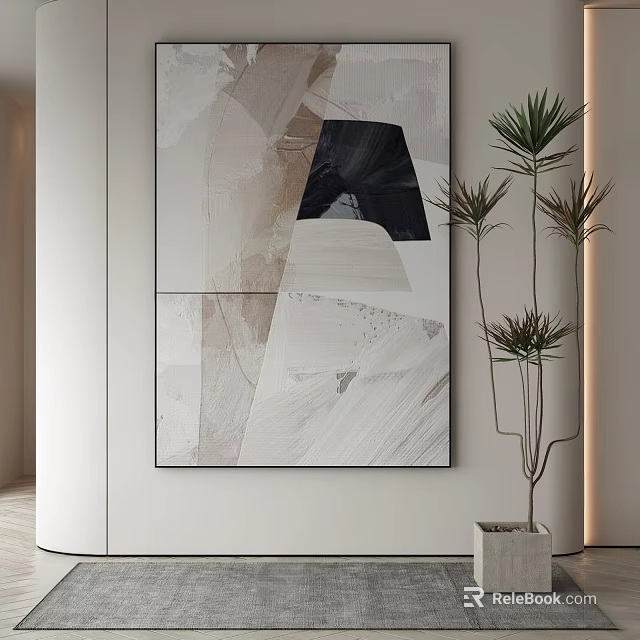 Large Abstract Painting In Modern Interior With Indoor Plant And Minimalist Wall 3d model 