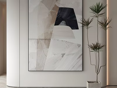 Large Abstract Painting In Modern Interior With Indoor Plant And Minimalist Wall 3d model
