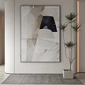 Large Abstract Painting In Modern Interior With Indoor Plant And Minimalist Wall