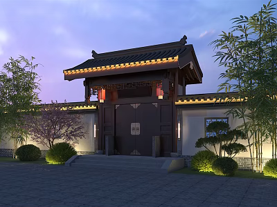 Traditional Chinese Entrance Gate With Classic Roof Green Plants And Dusk Sky Lighting 3d model