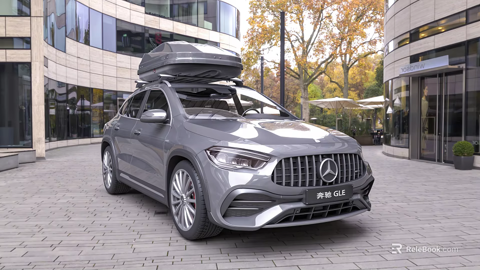 Gray Mercedes GLA with Roof Cargo Box in Modern Building and Autumn Trees Setting 3d model 