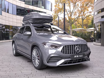 Gray Mercedes GLA with Roof Cargo Box in Modern Building and Autumn Trees Setting 3d model