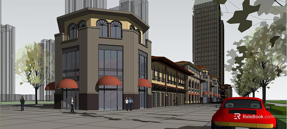 Modern And Traditional Commercial Street With Red Awnings Shops And Pedestrians 3d model 