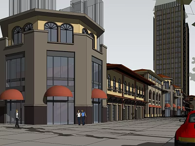 Modern And Traditional Commercial Street With Red Awnings Shops And Pedestrians 3d model