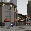 Modern And Traditional Commercial Street With Red Awnings Shops And Pedestrians