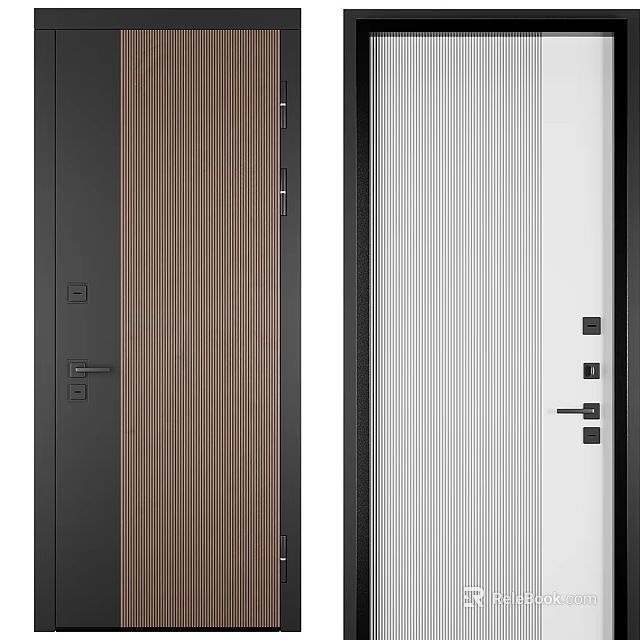 Modern Hinged Doors Brown Wood Grain White Vertical Stripes Black Frame Handle and Lock Design 3d model 