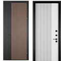 Modern Hinged Doors Brown Wood Grain White Vertical Stripes Black Frame Handle and Lock Design