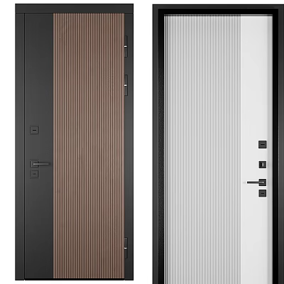 Modern Hinged Doors Brown Wood Grain White Vertical Stripes Black Frame Handle and Lock Design 3d model