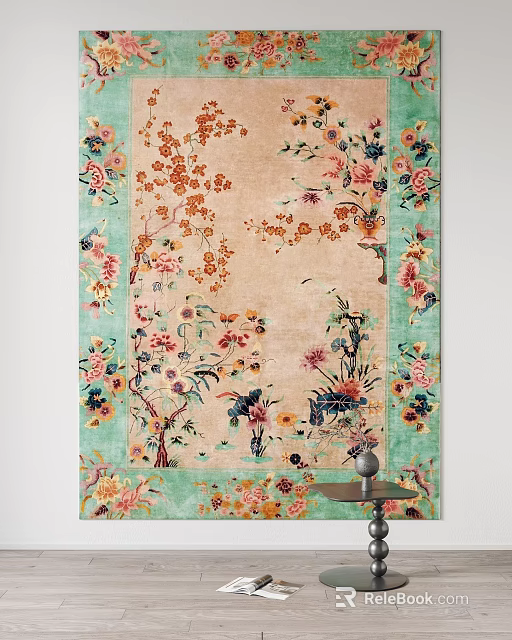 Floral Area Rug with Beige Background Light Green Border and Colorful Flower Patterns 3d model 