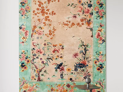 Floral Area Rug with Beige Background Light Green Border and Colorful Flower Patterns 3d model