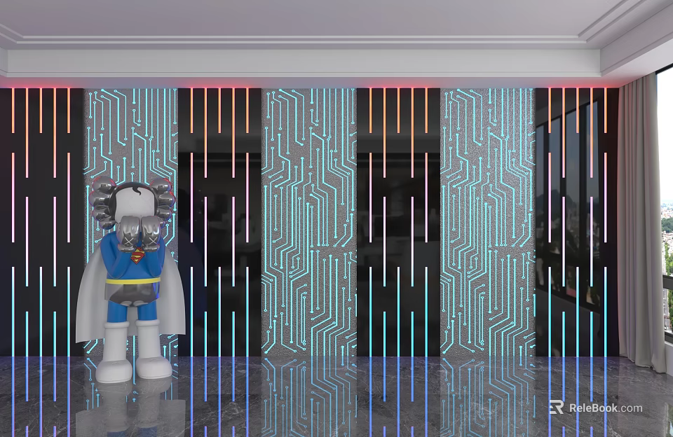 Modern Background Wall Featuring Circuit Board Pattern Colorful Light Strips And Artistic Doll 3d model 