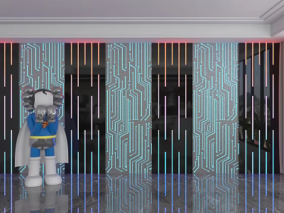 Modern Background Wall Featuring Circuit Board Pattern Colorful Light Strips And Artistic Doll 3d model