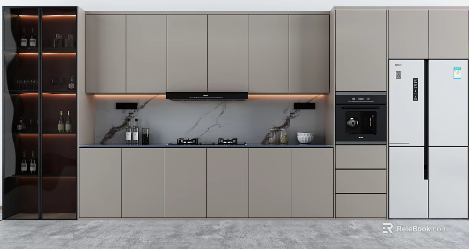 Modern Gray Kitchen Sideboard With Marble Countertop And LED Strip Lighting 3d model 