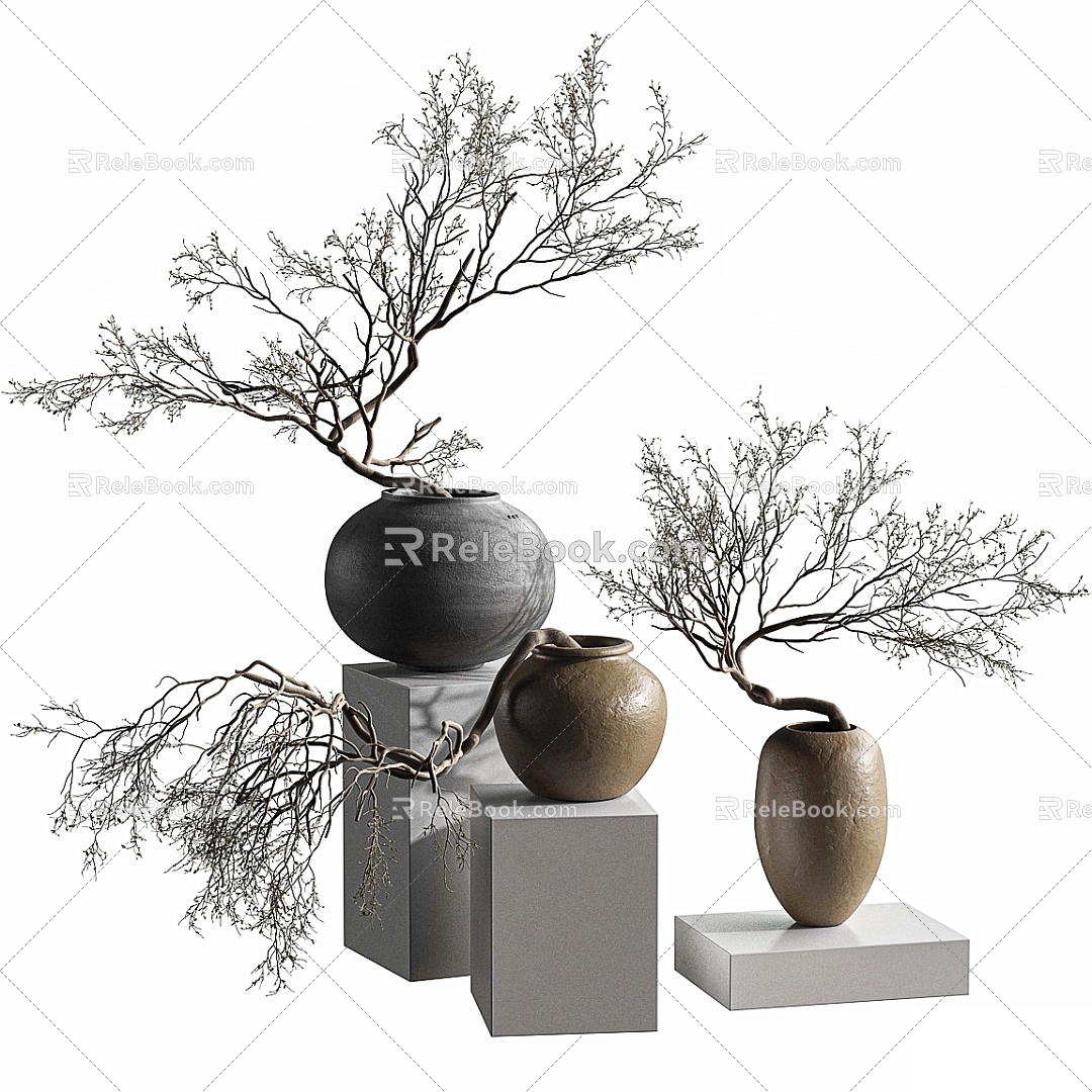 Quiet air-dried branch pottery jar vase ornaments 3d model