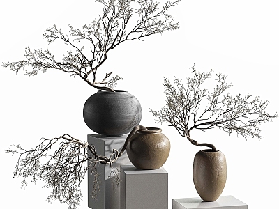 Quiet air-dried branch pottery jar vase ornaments 3d model