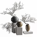 Modern Decorative Ornament Set With Ceramic Vases Dry Branches And White Pedestals