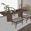 Wooden Tea Table and Chairs with Green Plant Books in Minimalist Space by Window Blinds