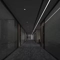 Modern Office Corridor Interior With Glass Partitions Blinds And Recessed Lighting