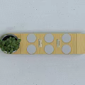 Modern Wooden Public Bench With Circular Seats And Side Planter For Small Plant