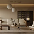 Modern Living Room Interior Design Featuring Beige Sofa Wooden Furniture Round Pendant Lights And Blinds