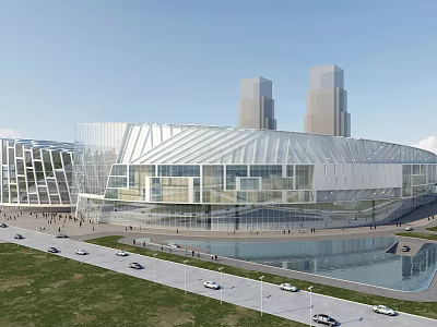 Modern Architectural Building With Glass Facade Water Pool And Urban Road View 3d model