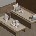Cozy Wooden Benches With Cushions And Stuffed Toys In Interior With Wooden Walls And Carpet