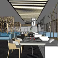 Stylish Restaurant Interior With Wooden Tree Decor Blue Sofas And Pendant Lights 3d model