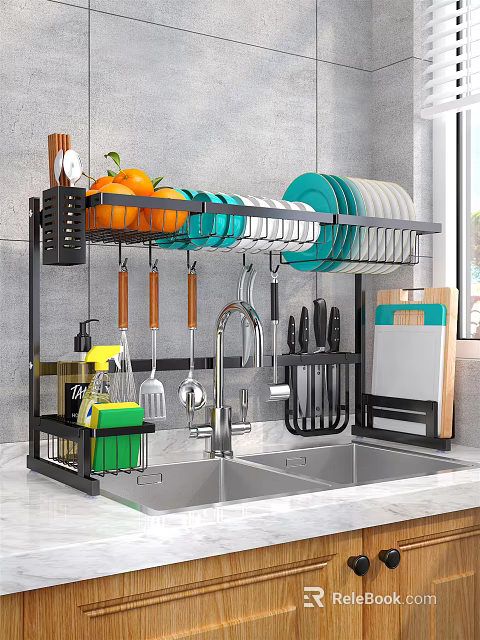 Black Multilayer Kitchen Sink Rack With Plates Oranges Utensils Knives Cutting Board And Storage Box 3d model 