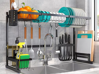 Black Multilayer Kitchen Sink Rack With Plates Oranges Utensils Knives Cutting Board And Storage Box 3d model